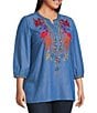 Calessa Plus Size Embroidered Split V-Neck 3/4 Sleeve Tunic, Color:Indigo Multi - Image 3