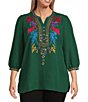 Calessa Plus Size Embroidered Split V-Neck 3/4 Sleeve Tunic, Color:Emerald - Image 1