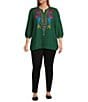 Calessa Plus Size Embroidered Split V-Neck 3/4 Sleeve Tunic, Color:Emerald - Image 5