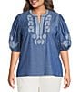 Calessa Plus Size Embroidered Split V-Neck 3/4 Sleeve Tunic - Image 1