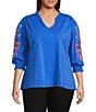Calessa Plus Size Knit Split V-Neck Embroidered 3/4 Sleeve Tunic, Color:Blue - Image 1