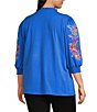 Calessa Plus Size Knit Split V-Neck Embroidered 3/4 Sleeve Tunic, Color:Blue - Image 2