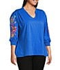 Calessa Plus Size Knit Split V-Neck Embroidered 3/4 Sleeve Tunic, Color:Blue - Image 3