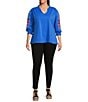 Calessa Plus Size Knit Split V-Neck Embroidered 3/4 Sleeve Tunic, Color:Blue - Image 4