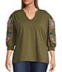 Calessa Plus Size Embroidered Split V-Neck Balloon Sleeve Tunic, Color:Olive - Image 1