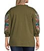 Calessa Plus Size Embroidered Split V-Neck Balloon Sleeve Tunic, Color:Olive - Image 2