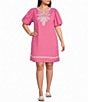 Calessa Plus Size Embroidered Split V-Neck Elbow Balloon Sleeve Shift Dress - Image 1