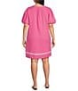 Calessa Plus Size Embroidered Split V-Neck Elbow Balloon Sleeve Shift Dress - Image 2