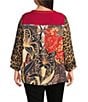 Calessa Plus Size Embroidered Patchwork Split V-Neck Wrist Length Sleeve Tunic, Color:Crimson/Multi - Image 2