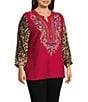 Calessa Plus Size Embroidered Patchwork Split V-Neck Wrist Length Sleeve Tunic, Color:Crimson/Multi - Image 3