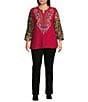 Calessa Plus Size Embroidered Patchwork Split V-Neck Wrist Length Sleeve Tunic, Color:Crimson/Multi - Image 5