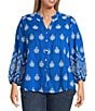 Calessa Plus Size Embroidered Split V-Neck Long Sleeve Button Front Tunic, Color:Blue/White - Image 1