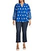 Calessa Plus Size Embroidered Split V-Neck Long Sleeve Button Front Tunic, Color:Blue/White - Image 3