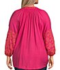 Calessa Plus Size Embroidered Motif Split V-Neckline Long Sleeve Tunic, Color:Fuchsia/Orange - Image 2