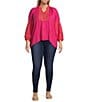 Calessa Plus Size Embroidered Motif Split V-Neckline Long Sleeve Tunic, Color:Fuchsia/Orange - Image 3