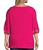 Calessa Plus Size Embroidered Split V-Neck Long Sleeve Tunic, Color:Fuchsia Multi - Image 2