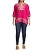 Calessa Plus Size Embroidered Split V-Neck Long Sleeve Tunic, Color:Fuchsia Multi - Image 3