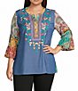 Calessa Plus Size Embroidered Split V-Neck Patchwork-Sleeve Tunic - Image 1