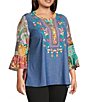 Calessa Plus Size Embroidered Split V-Neck Patchwork-Sleeve Tunic - Image 3