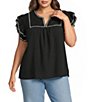 Calessa Plus Size Embroidered Split V-Neck Ruffle Cap Sleeve Tunic - Image 1