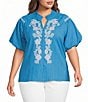 Calessa Plus Size Embroidered Split V-Neck Short Raglan Puff Sleeve Tunic - Image 1
