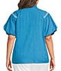 Calessa Plus Size Embroidered Split V-Neck Short Raglan Puff Sleeve Tunic - Image 2
