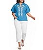 Calessa Plus Size Embroidered Split V-Neck Short Raglan Puff Sleeve Tunic - Image 3