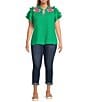 Calessa Plus Size Embroidered Split V-Neck Short Ruffle Sleeve Tunic, Color:Green - Image 3
