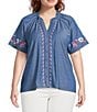 Calessa Plus Size Embroidered Split V-Neck Short Sleeve Button-Front Tunic, Color:Indigo - Image 1