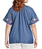 Calessa Plus Size Embroidered Split V-Neck Short Sleeve Button-Front Tunic, Color:Indigo - Image 2