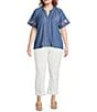 Calessa Plus Size Embroidered Split V-Neck Short Sleeve Button-Front Tunic, Color:Indigo - Image 3