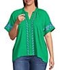 Calessa Plus Size Embroidered Split V-Neck Short Sleeve Button Front Tunic, Color:Green - Image 1