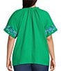 Calessa Plus Size Embroidered Split V-Neck Short Sleeve Button Front Tunic, Color:Green - Image 2