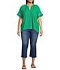 Calessa Plus Size Embroidered Split V-Neck Short Sleeve Button Front Tunic, Color:Green - Image 3