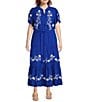 Calessa Plus Size Embroidered Split V-Neck Short Sleeve Tiered Belted Maxi Dress, Color:Blue/White - Image 1