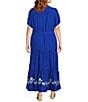 Calessa Plus Size Embroidered Split V-Neck Short Sleeve Tiered Belted Maxi Dress, Color:Blue/White - Image 2