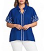 Calessa Plus Size Embroidered Split V-Neck Short Sleeve Tunic - Image 1