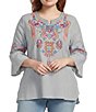 Calessa Plus Size Embroidered Round Split V-Neck 3/4 Sleeve Tunic - Image 1