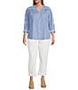 Calessa Plus Size Embroidered Stripe Split V-Neck 3/4 Sleeve Button Front Shirt, Color:Blue/White - Image 5
