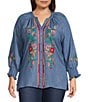 Calessa Plus Size Embroidered Tencel Split Neck 3/4 Sleeve Button Front Tunic, Color:Blue Multi - Image 1