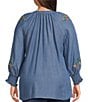 Calessa Plus Size Embroidered Tencel Split Neck 3/4 Sleeve Button Front Tunic, Color:Blue Multi - Image 2