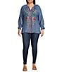 Calessa Plus Size Embroidered Tencel Split Neck 3/4 Sleeve Button Front Tunic, Color:Blue Multi - Image 3