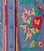 Calessa Plus Size Embroidered Tencel Split Neck 3/4 Sleeve Button Front Tunic, Color:Blue Multi - Image 4
