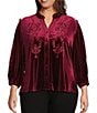 Calessa Plus Size Embroidered Velvet Ruffled Split V-Neck Long Sleeve Button-Front Tunic, Color:Crimson - Image 1