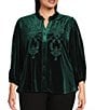 Calessa Plus Size Embroidered Velvet Ruffled Split V-Neck Long Sleeve Button-Front Tunic, Color:Emerald - Image 1