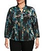 Calessa Plus Size Floral Burnout Velvet Knit Split V-Neck Bracelet Sleeve Button Front Tunic, Color:Turquoise Multi - Image 1