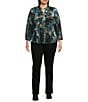 Calessa Plus Size Floral Burnout Velvet Knit Split V-Neck Bracelet Sleeve Button Front Tunic, Color:Turquoise Multi - Image 3