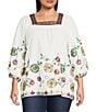 Color:White Multi - Image 1 - Plus Size Floral Embroidered Square Neck 3/4 Sleeve Tunic