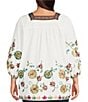 Color:White Multi - Image 2 - Plus Size Floral Embroidered Square Neck 3/4 Sleeve Tunic