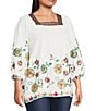 Color:White Multi - Image 3 - Plus Size Floral Embroidered Square Neck 3/4 Sleeve Tunic